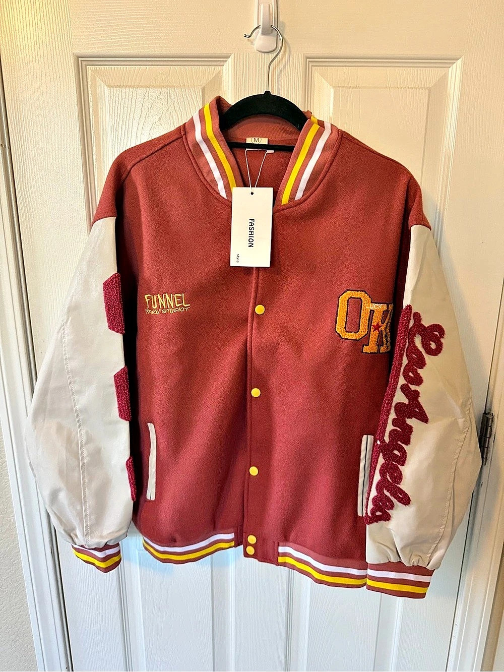 Loumutaku Funnel Taku Studiot Colorblock Varsity Jacket Red White Size M
